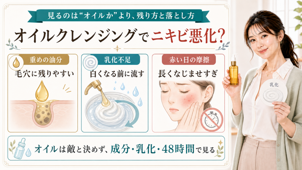 オイルクレンジングでニキビが悪化する理由を重めの油分・乳化不足・赤い日の摩擦で説明する美容解説ボード