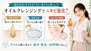 オイルクレンジングでニキビが悪化する理由を重めの油分・乳化不足・赤い日の摩擦で説明する美容解説ボード
