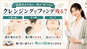クレンジングでファンデーションが残る原因を小鼻の脇・生え際・あご下の角で説明する美容解説ボード
