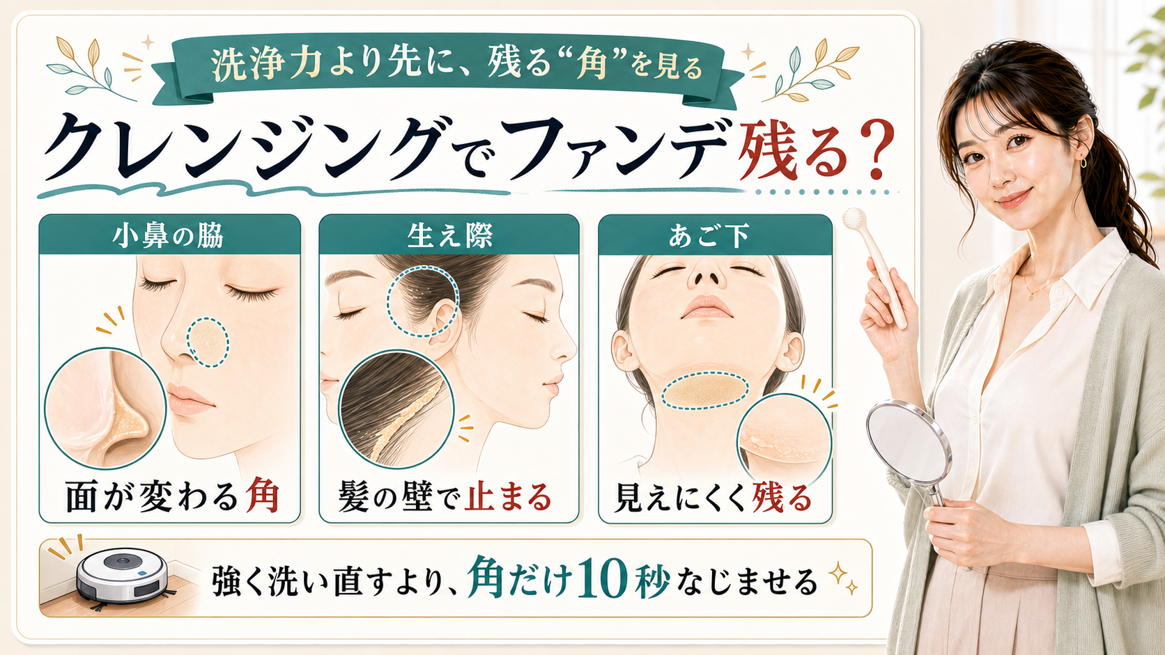 クレンジングでファンデーションが残る原因を小鼻の脇・生え際・あご下の角で説明する美容解説ボード