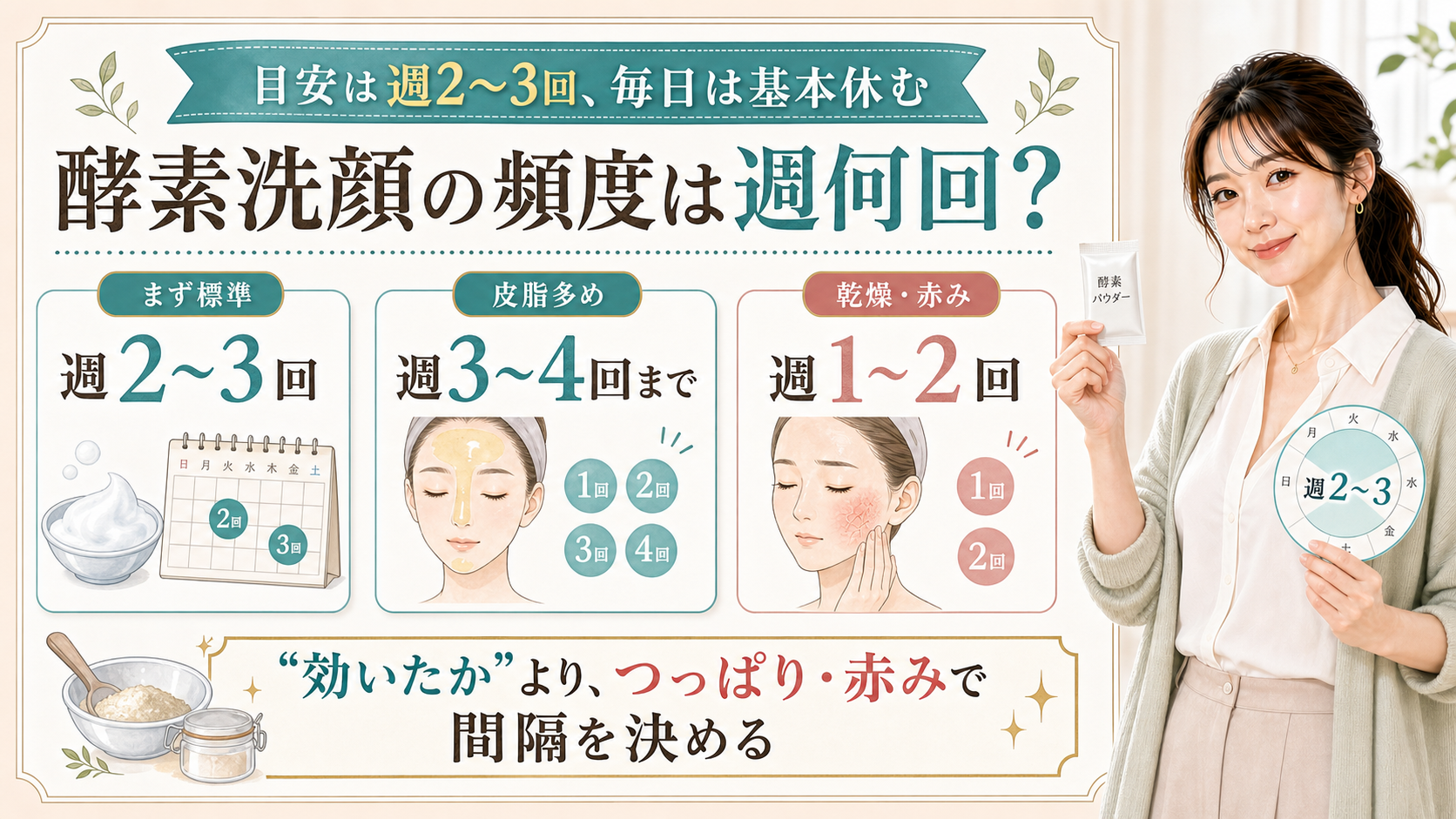 酵素洗顔の頻度を標準・皮脂多め・乾燥赤みの肌別に説明する美容解説ボード