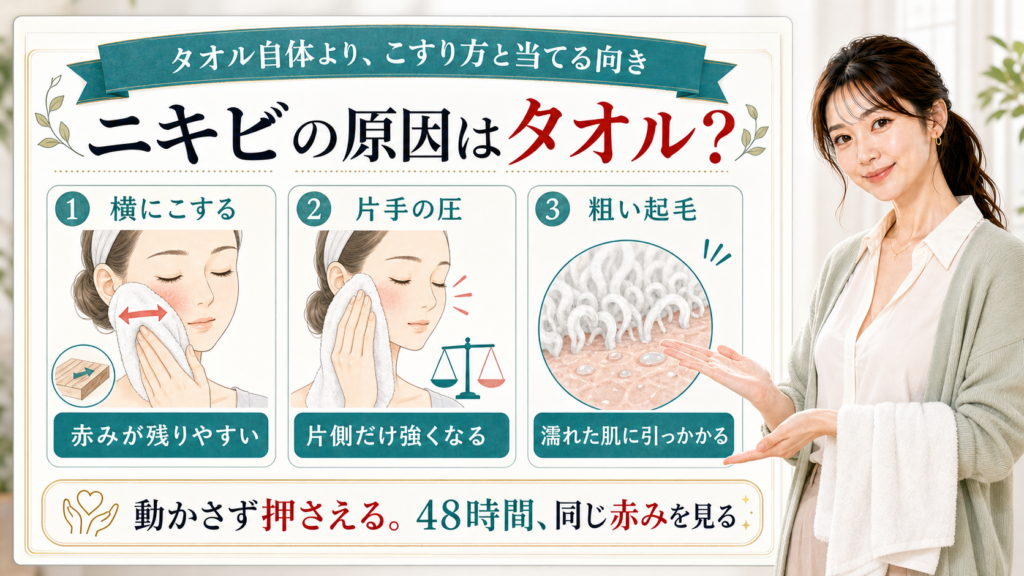 ニキビの原因になるタオル摩擦を横こすり・片手の圧・粗い起毛で説明する美容解説ボード