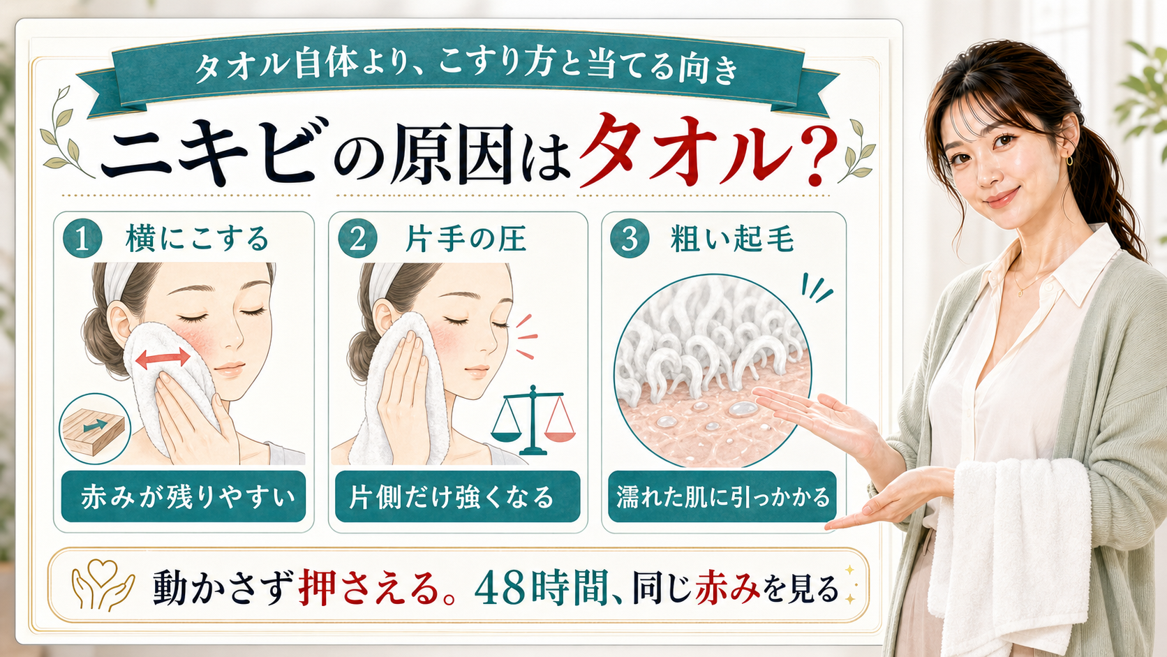 ニキビの原因になるタオル摩擦を横こすり・片手の圧・粗い起毛で説明する美容解説ボード