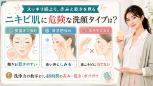 ニキビ肌に危険な洗顔タイプを皮脂オフ強め・清涼感強め・スクラブ入りで説明する美容解説ボード