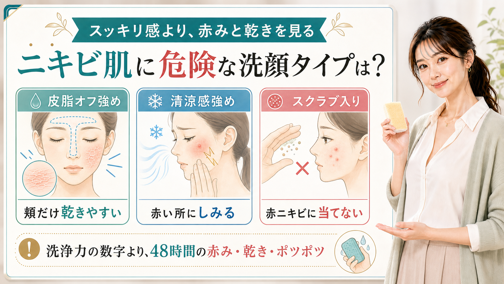 ニキビ肌に危険な洗顔タイプを皮脂オフ強め・清涼感強め・スクラブ入りで説明する美容解説ボード