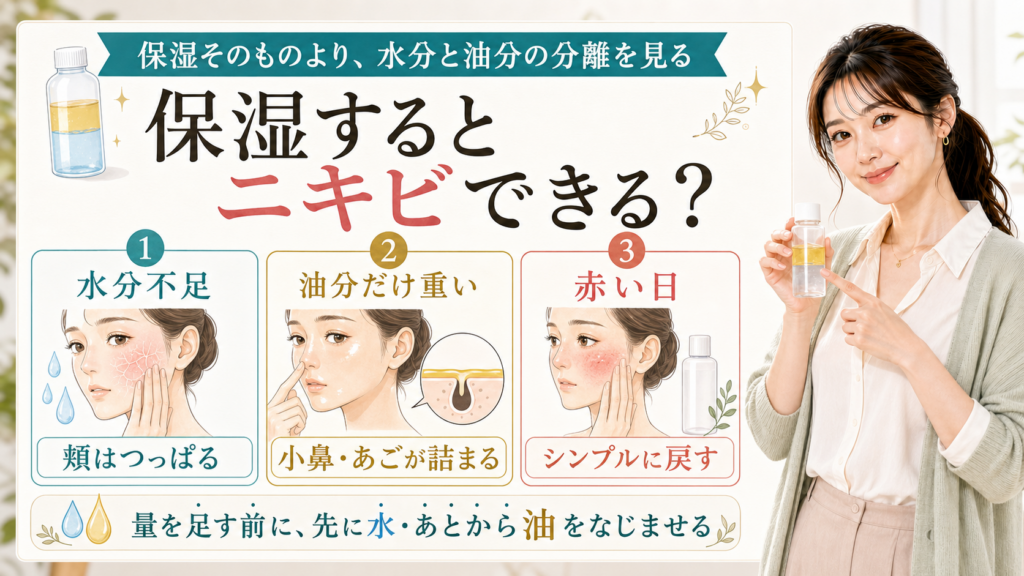 保湿するとニキビができる理由を水分不足・油分だけ重い・赤い日で説明する美容解説ボード
