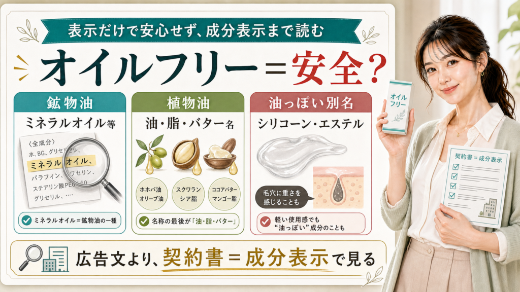 オイルフリー表示を鉱物油・植物油・シリコーンやエステルの成分表示で見分ける美容解説ボード