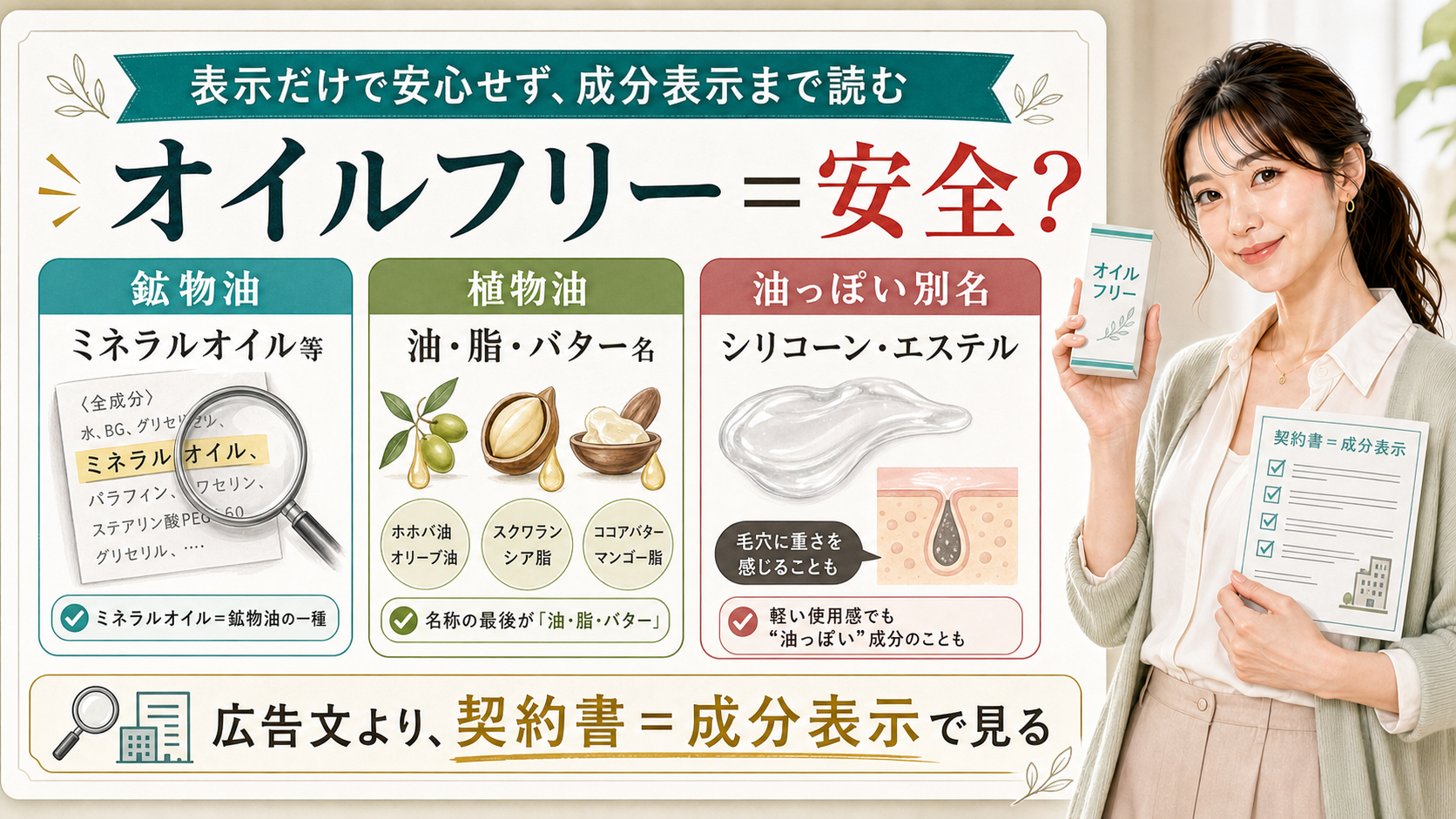 オイルフリー表示を鉱物油・植物油・シリコーンやエステルの成分表示で見分ける美容解説ボード