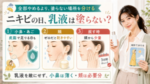 ニキビの日の乳液を小鼻あご・頬・戻す時で塗る場所を分けて説明する美容解説ボード