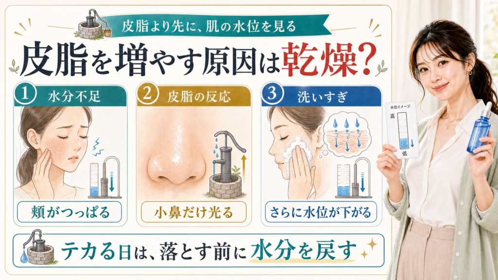 皮脂を増やす原因を水分不足・皮脂の反応・洗いすぎで説明する美容解説ボード