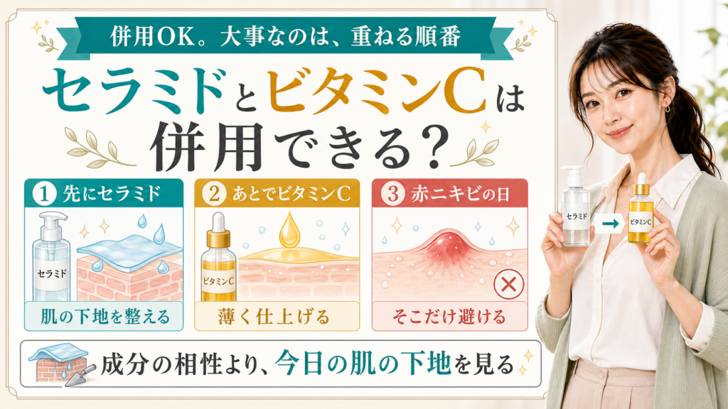 セラミドとビタミンCの併用順番を先にセラミド・あとでビタミンC・赤ニキビの日で説明する美容解説ボード