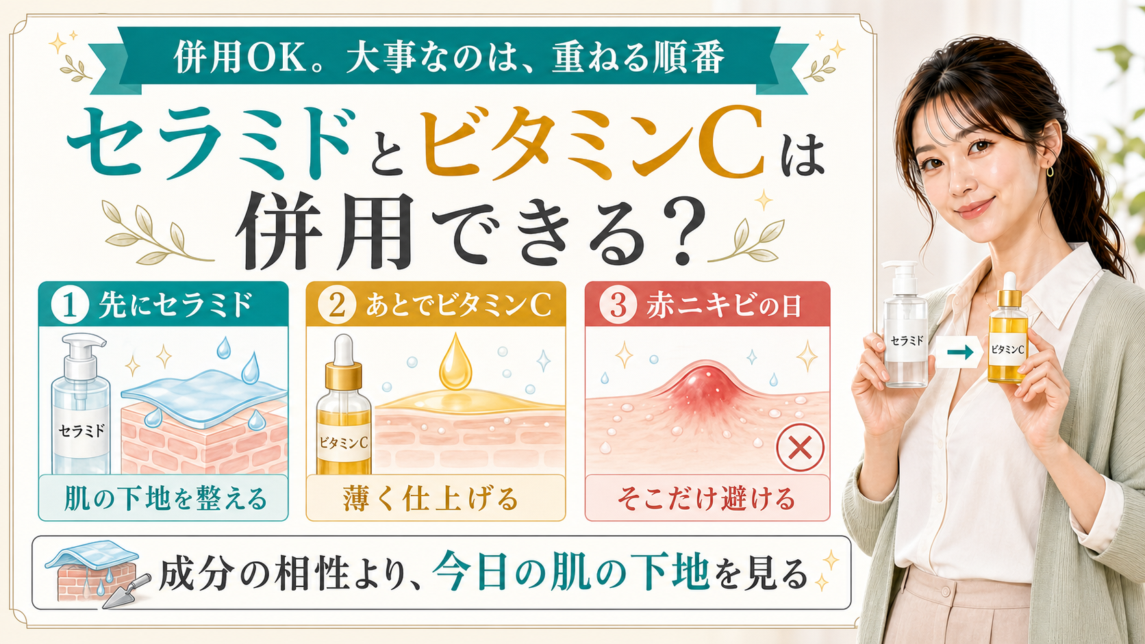 セラミドとビタミンCの併用順番を先にセラミド・あとでビタミンC・赤ニキビの日で説明する美容解説ボード