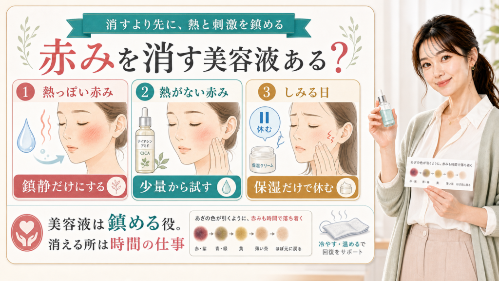 赤みを消す美容液の考え方を熱っぽい赤み・熱がない赤み・しみる日で説明する美容解説ボード