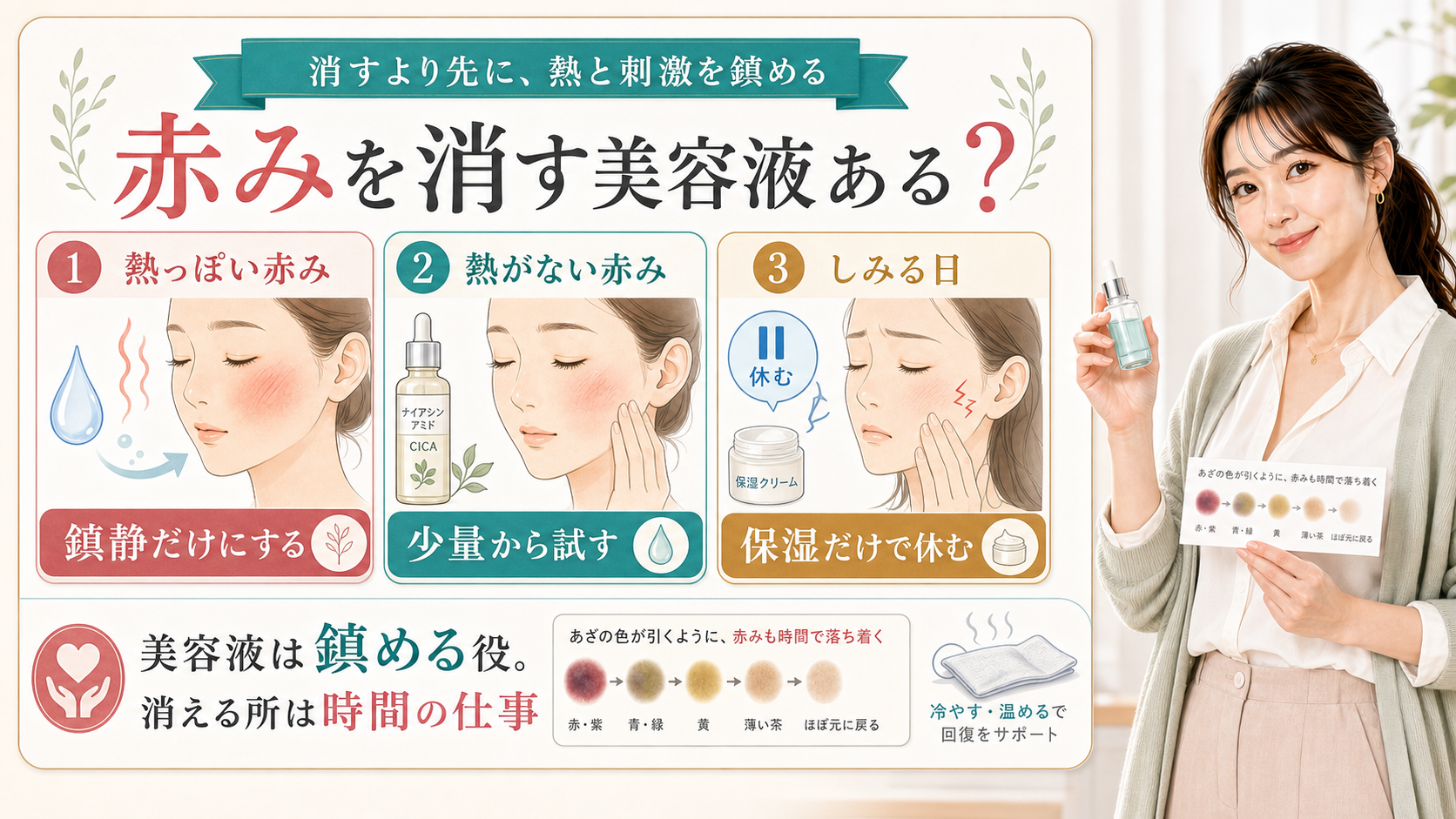 赤みを消す美容液の考え方を熱っぽい赤み・熱がない赤み・しみる日で説明する美容解説ボード