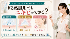 敏感肌用コスメでもニキビができる理由を膜の薄さ・厚く重ねること・小さい範囲で試すことで説明する美容解説ボード
