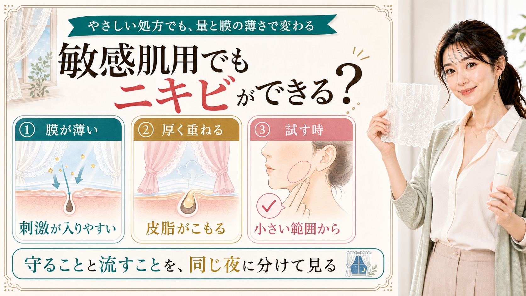 敏感肌用コスメでもニキビができる理由を膜の薄さ・厚く重ねること・小さい範囲で試すことで説明する美容解説ボード