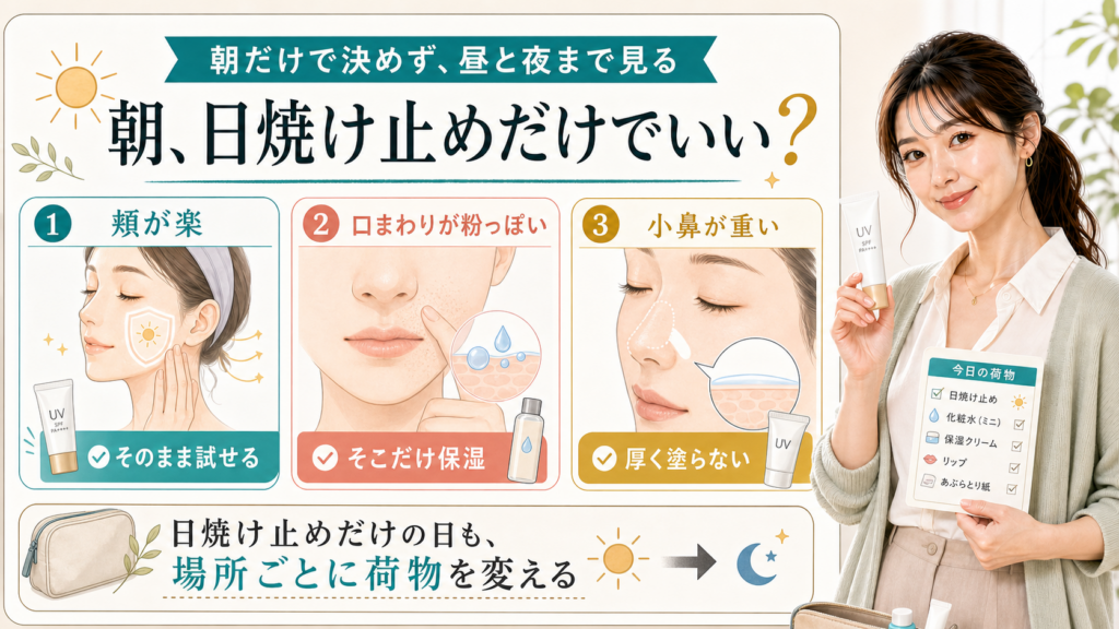 朝に日焼け止めだけでよいかを頬・口まわり・小鼻の状態別に説明する美容解説ボード