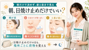 朝に日焼け止めだけでよいかを頬・口まわり・小鼻の状態別に説明する美容解説ボード