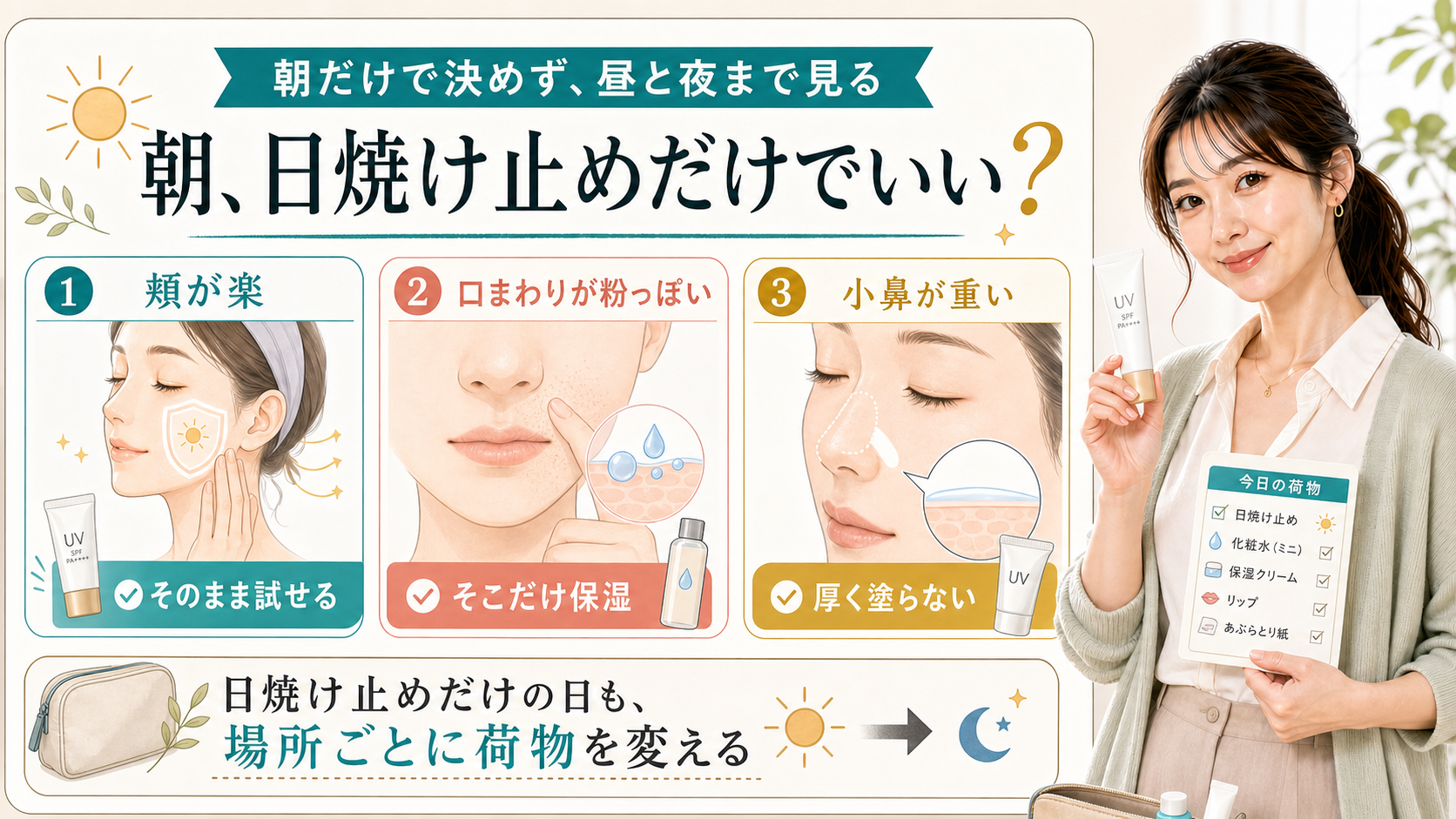 朝に日焼け止めだけでよいかを頬・口まわり・小鼻の状態別に説明する美容解説ボード