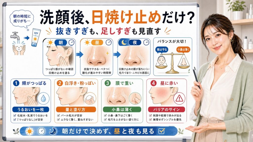 朝のスキンケアで日焼け止めだけにする危険性と皮脂酸化やニキビの関係を解説