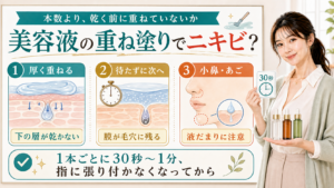 美容液の重ね塗りとつけすぎを厚く重ねる・待たずに次へ・小鼻あごの液だまりで説明する美容解説ボード