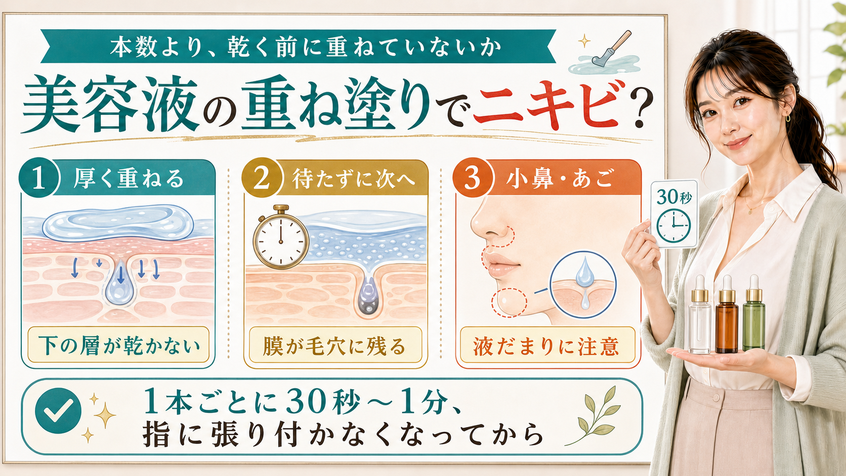 美容液の重ね塗りとつけすぎを厚く重ねる・待たずに次へ・小鼻あごの液だまりで説明する美容解説ボード
