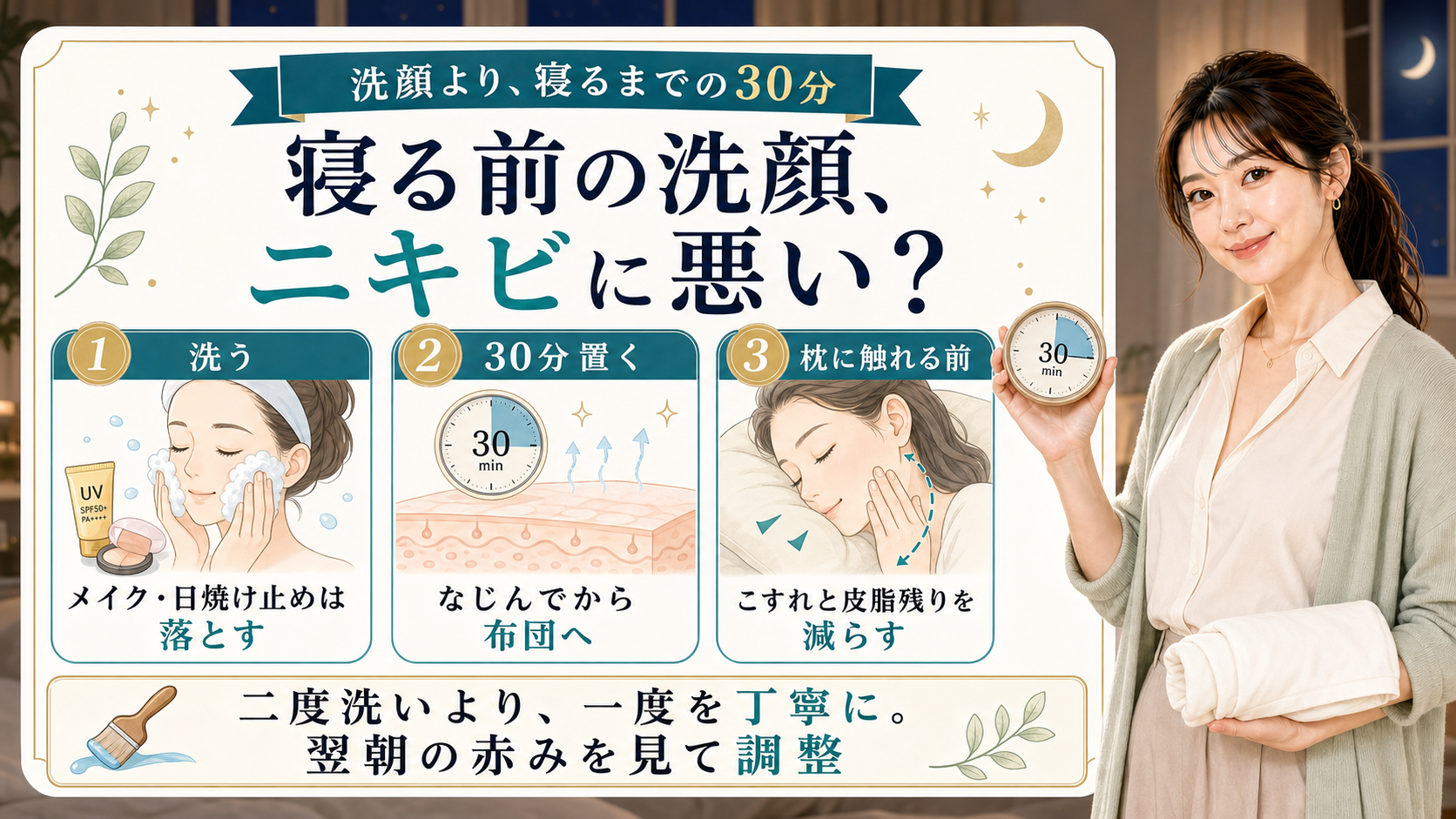 寝る前の洗顔とニキビの関係を洗う・30分置く・枕に触れる前の3つで説明する美容解説ボード