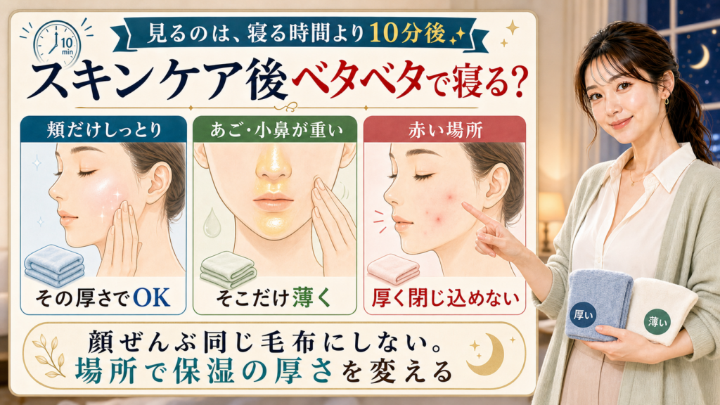 スキンケア後のベタベタとニキビを頬・あご小鼻・赤い場所の保湿厚さで説明する美容解説ボード