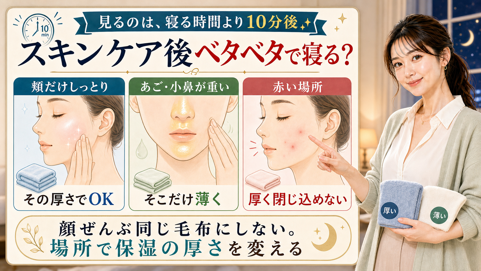 スキンケア後のベタベタとニキビを頬・あご小鼻・赤い場所の保湿厚さで説明する美容解説ボード