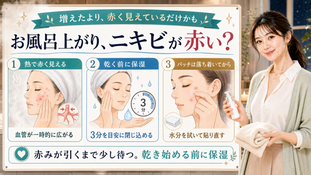 お風呂上がりのニキビ赤みを熱で赤く見える・乾く前に保湿・パッチは落ち着いてからで説明する美容解説ボード