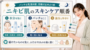 ニキビ肌のスキンケア順番を水分を先に・パッチはここ・油分と外守りで説明する美容解説ボード