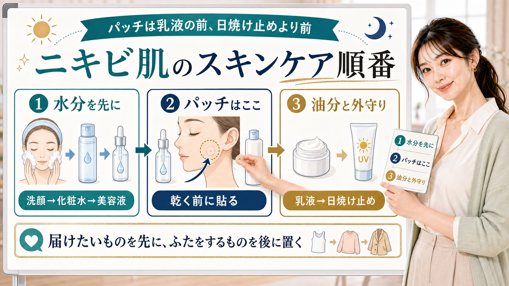 ニキビ肌のスキンケア順番を水分を先に・パッチはここ・油分と外守りで説明する美容解説ボード