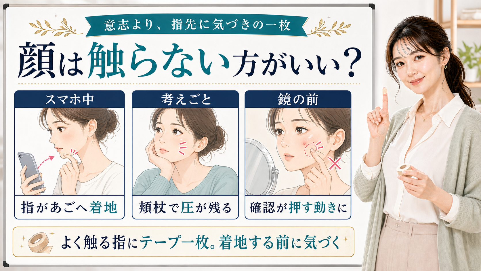 顔を触らない方がいい理由とスマホ中・考えごと・鏡の前の着地点を指先テープで説明する美容解説ボード