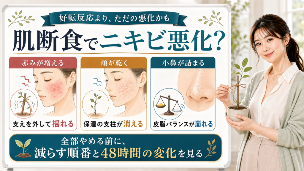 肌断食でニキビが悪化する理由を赤み・頬の乾き・小鼻詰まりで説明する美容解説ボード