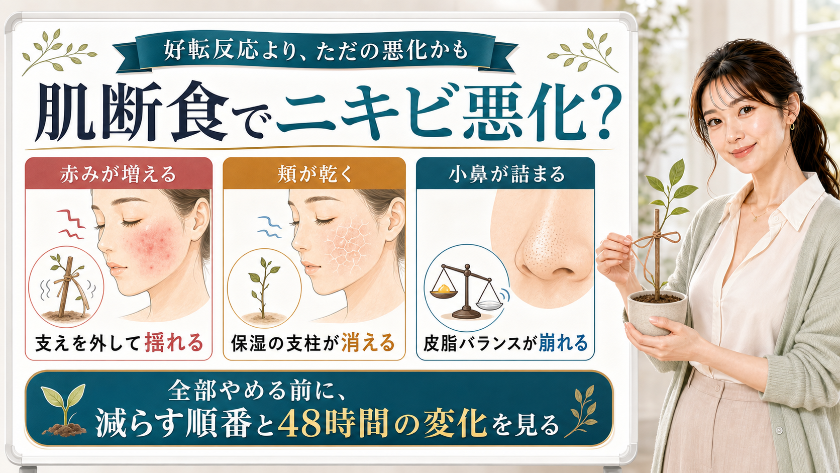肌断食でニキビが悪化する理由を赤み・頬の乾き・小鼻詰まりで説明する美容解説ボード