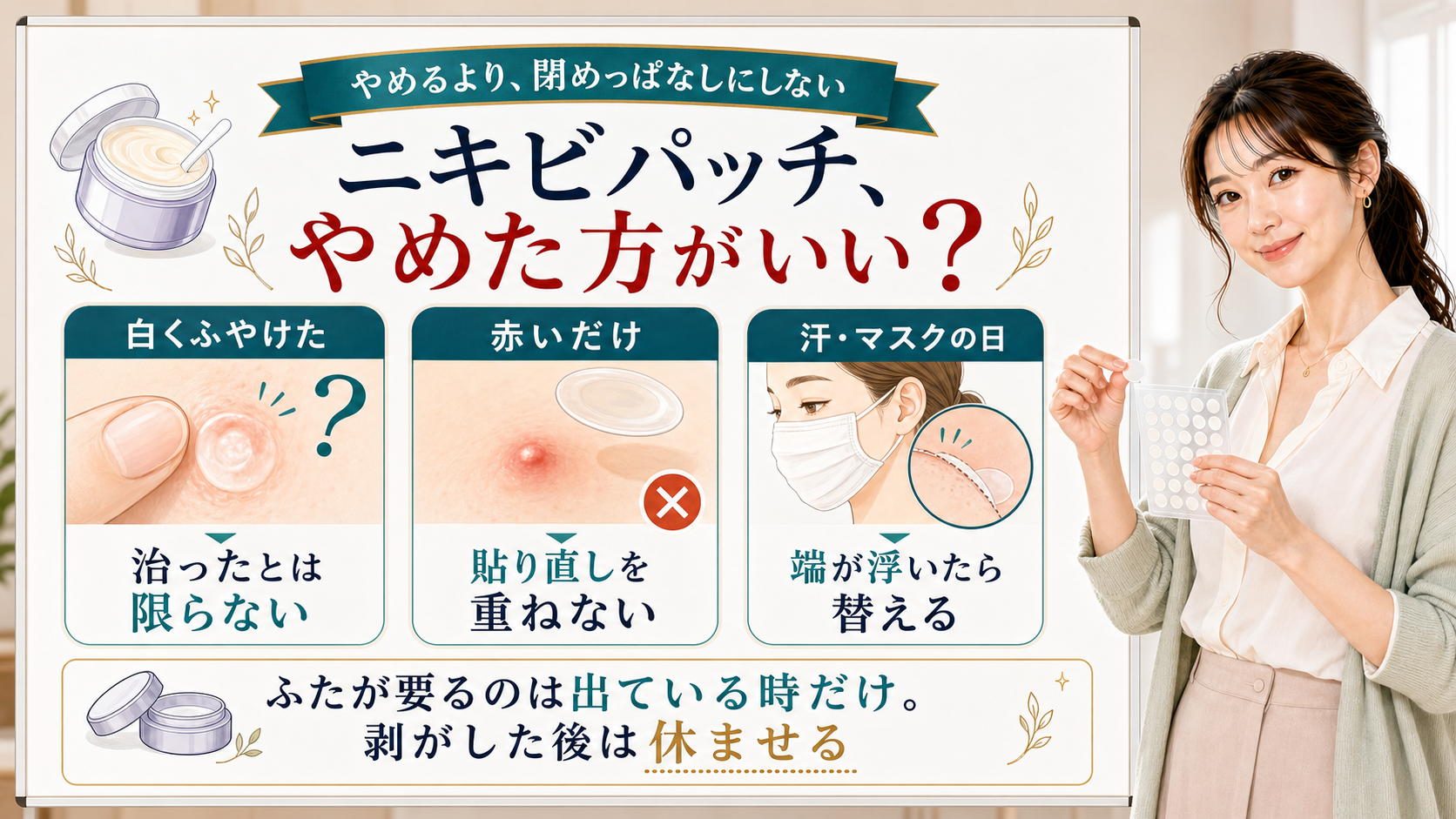 ニキビパッチをやめた方がいいかを白くふやけた・赤いだけ・汗マスクの日で説明する美容解説ボード