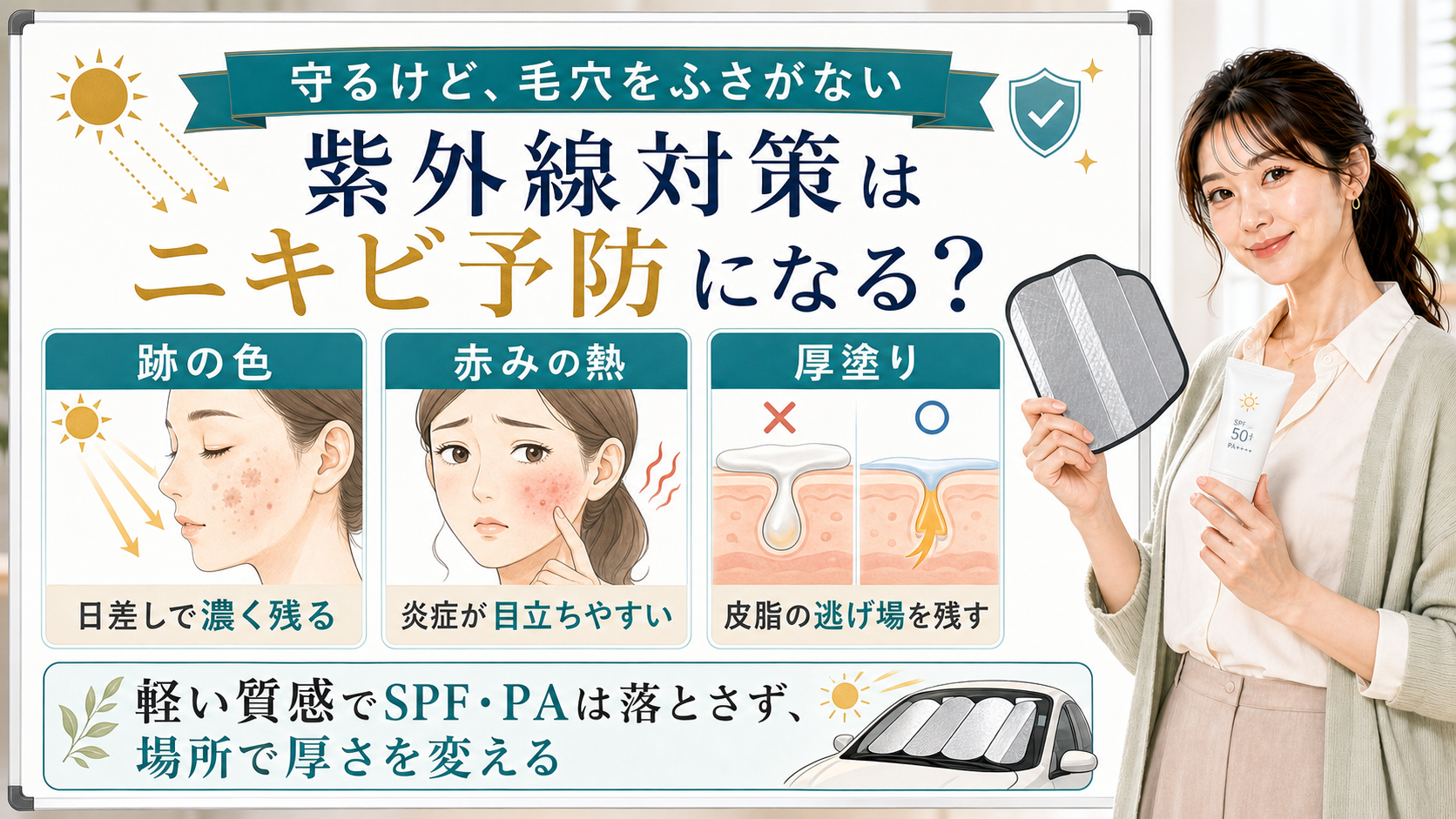 紫外線対策とニキビ予防の関係を跡の色・赤みの熱・厚塗りで説明する美容解説ボード