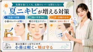 夏ニキビが増える対策を気温で皮脂・洗いすぎNG・汗日焼け止めで説明する美容解説ボード