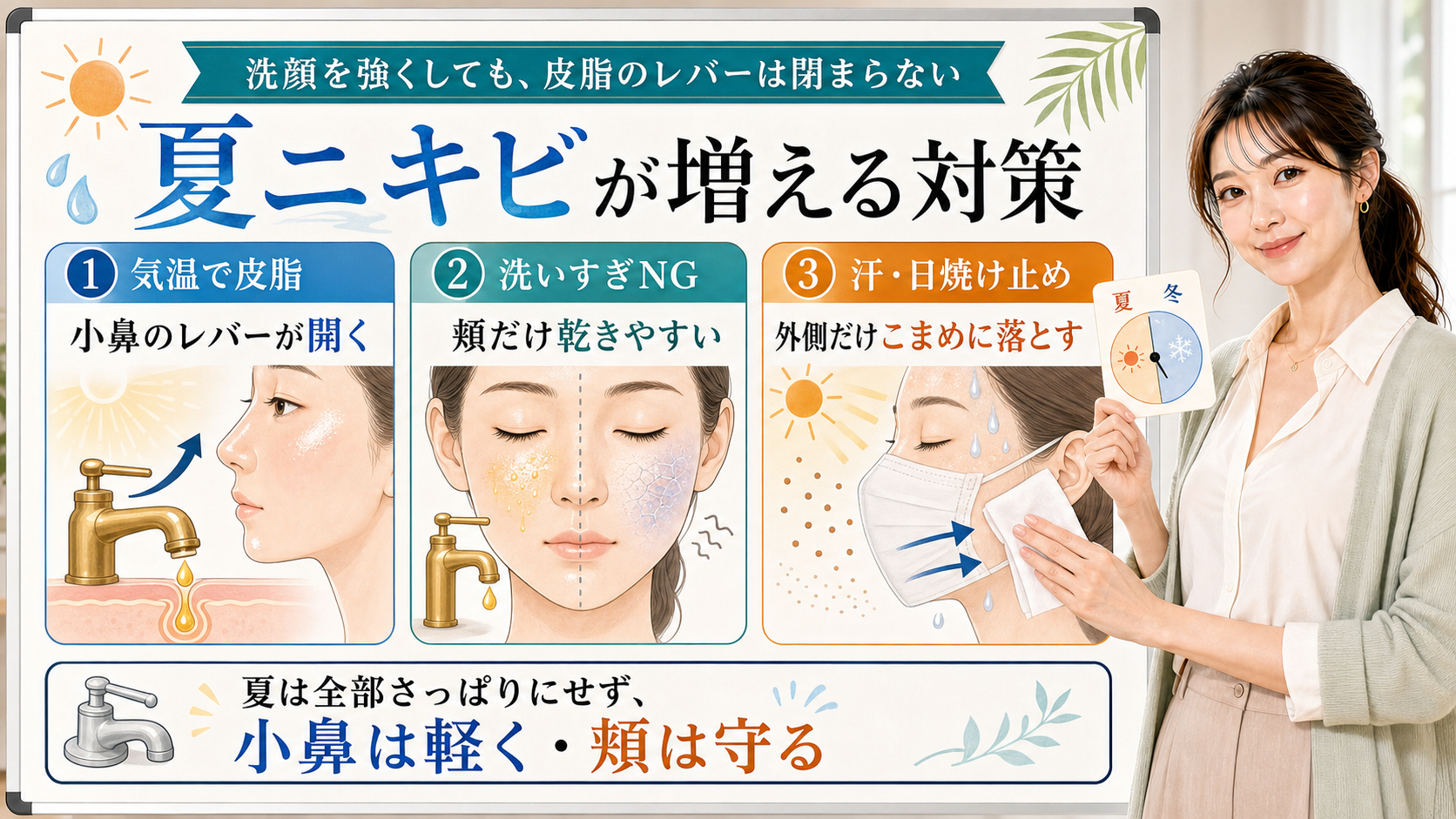 夏ニキビが増える対策を気温で皮脂・洗いすぎNG・汗日焼け止めで説明する美容解説ボード