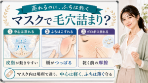 マスクで毛穴詰まりが起きる理由を中心の蒸れ・ふちのこすれ・スキンケアのポロポロ崩れで説明する美容解説ボード