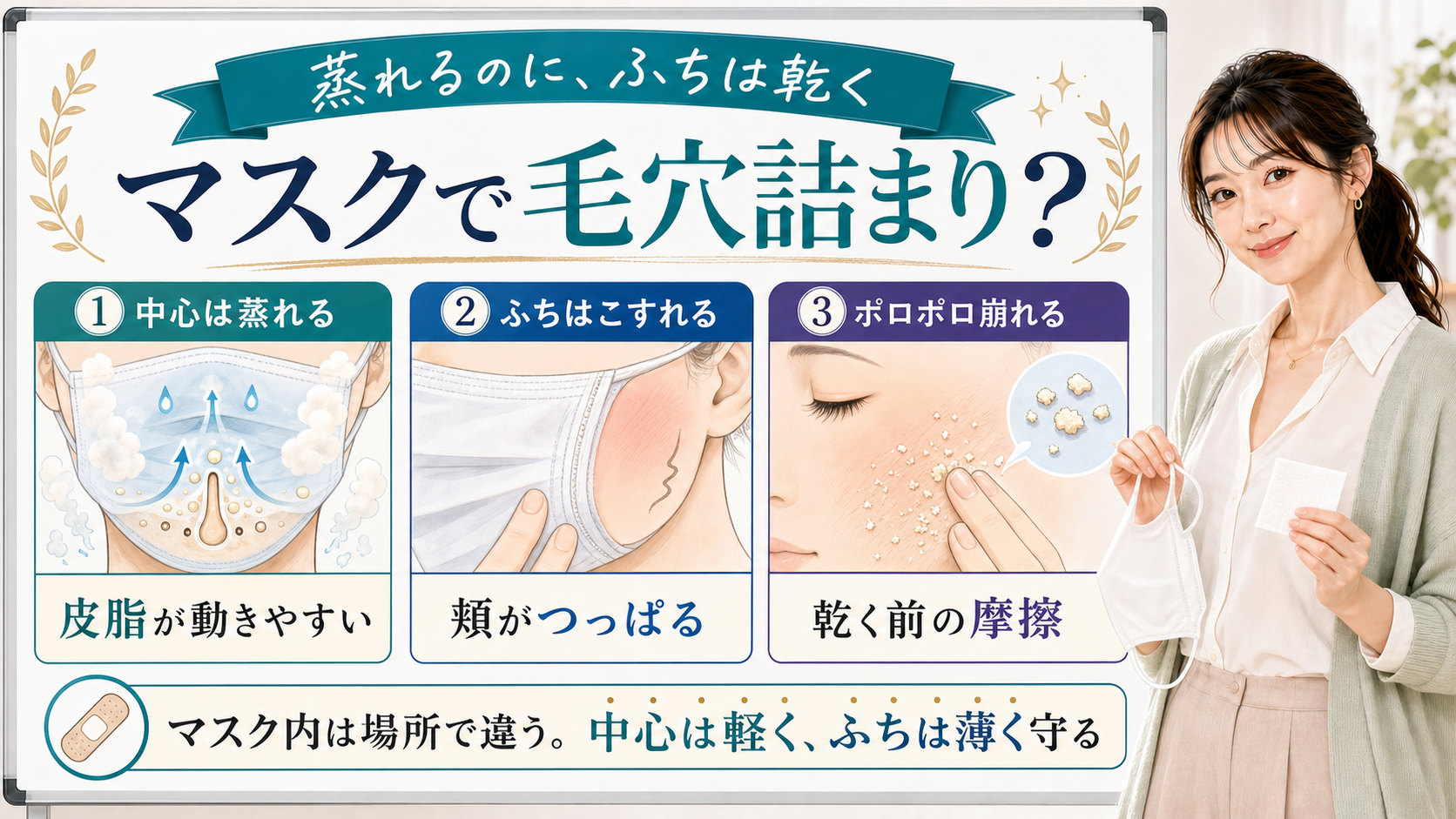 マスクで毛穴詰まりが起きる理由を中心の蒸れ・ふちのこすれ・スキンケアのポロポロ崩れで説明する美容解説ボード