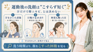 運動後の洗顔を汗・日焼け止め・こすった回数で分ける解説ボード