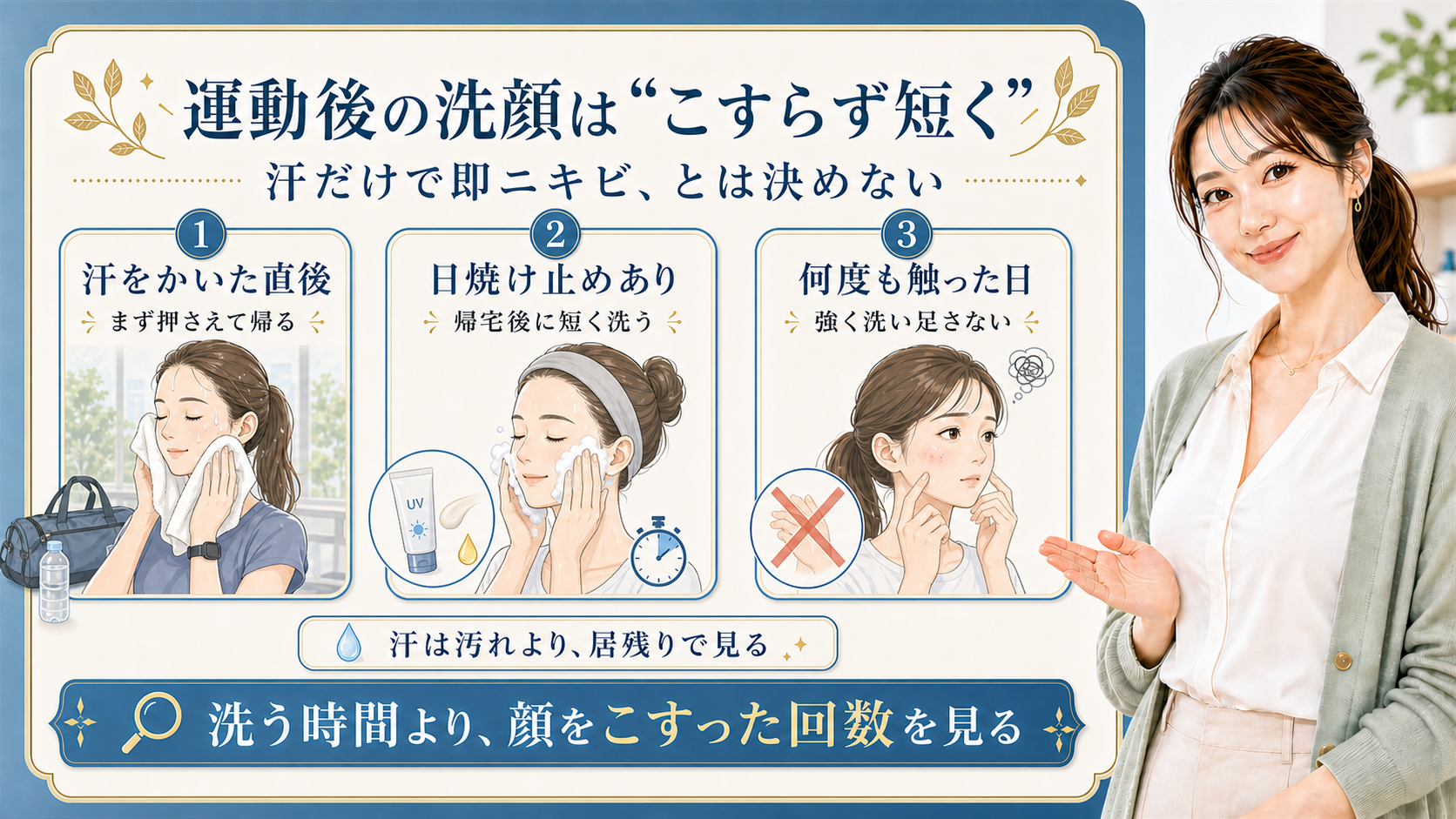 運動後の洗顔を汗・日焼け止め・こすった回数で分ける解説ボード