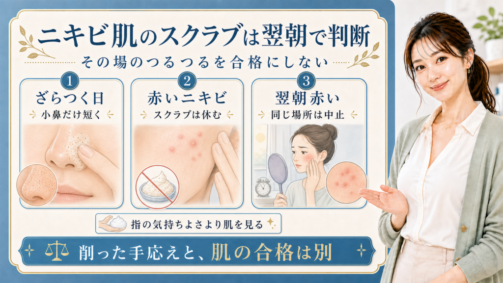 ニキビ肌のスクラブ洗顔をざらつく日・赤いニキビ・翌朝赤い日で分ける解説ボード