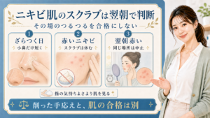 ニキビ肌のスクラブ洗顔をざらつく日・赤いニキビ・翌朝赤い日で分ける解説ボード