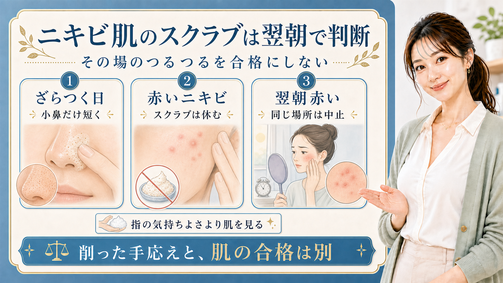 ニキビ肌のスクラブ洗顔をざらつく日・赤いニキビ・翌朝赤い日で分ける解説ボード