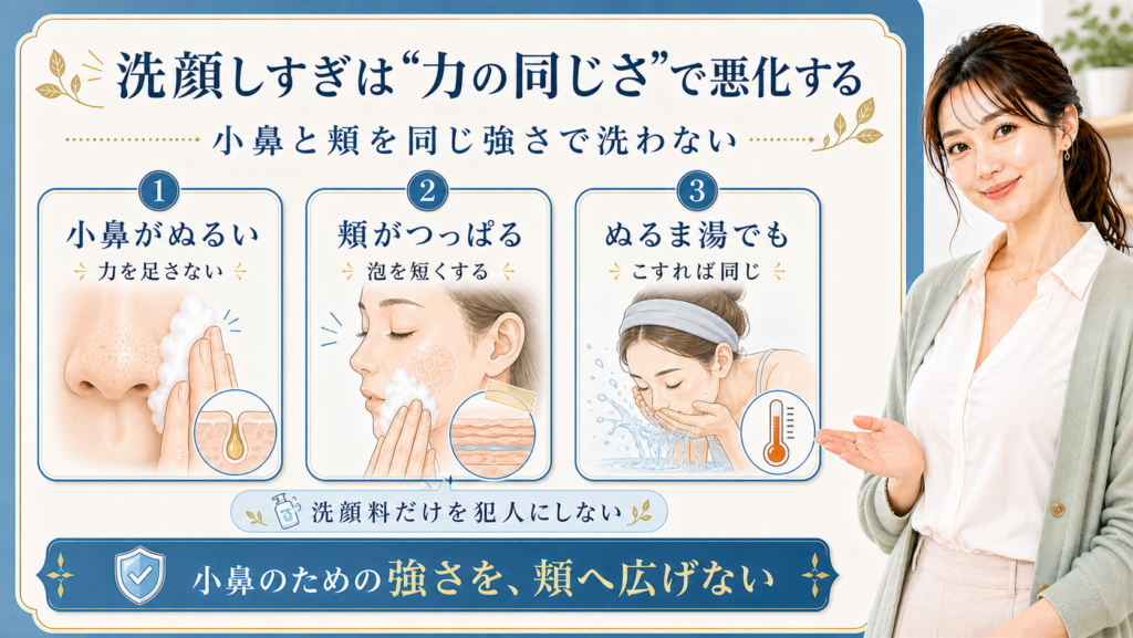 洗顔しすぎによるニキビ悪化を小鼻・頬・ぬるま湯のこすり方で分ける解説ボード