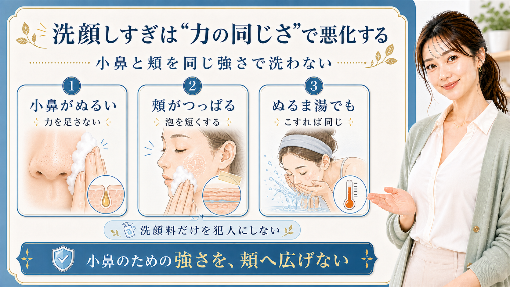 洗顔しすぎによるニキビ悪化を小鼻・頬・ぬるま湯のこすり方で分ける解説ボード