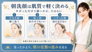 朝洗顔とニキビをテカる朝・乾く朝・こすった朝で分ける解説ボード