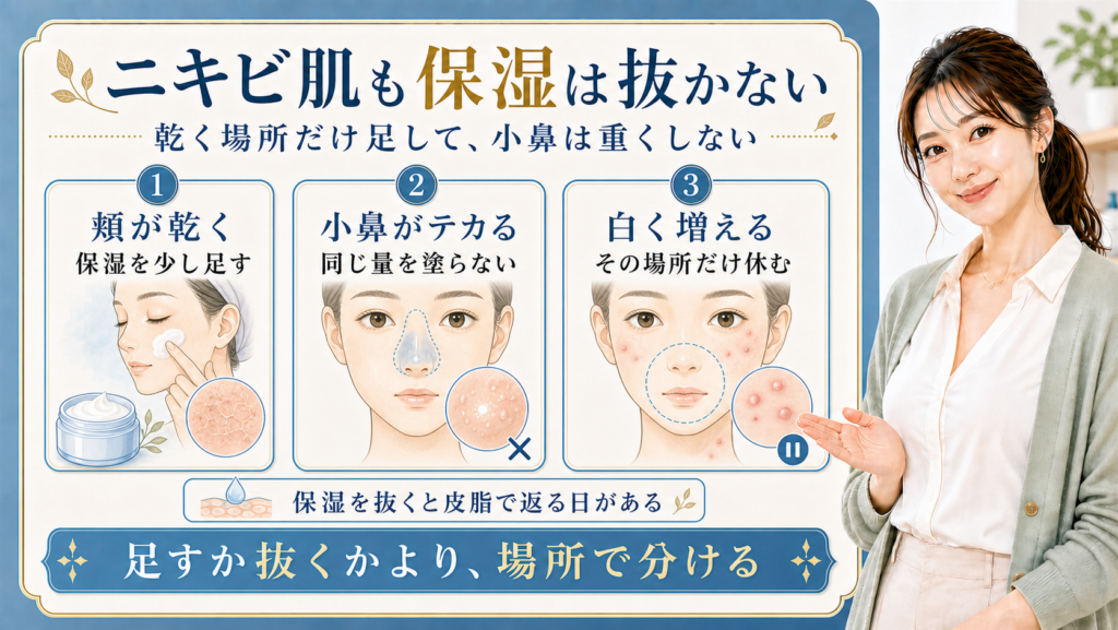 ニキビ肌の保湿を頬の乾き・小鼻のテカり・白く増える場所で分ける解説ボード